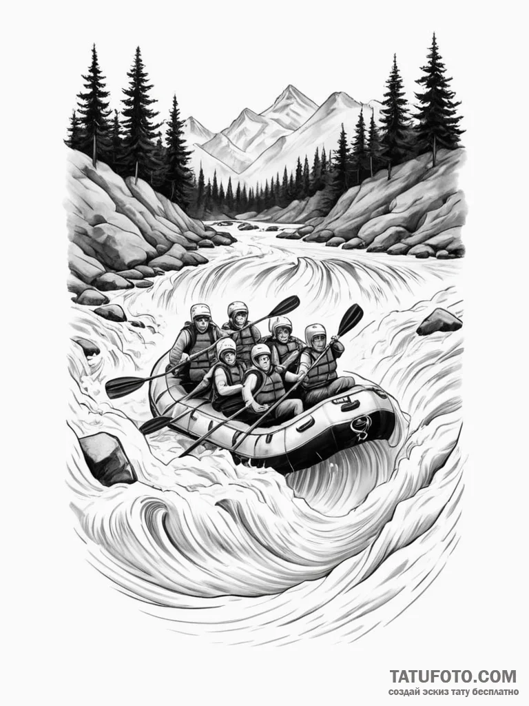 A person white water rafting down a turbulent... - эскиз тату (№1751016795_0, 27.06.2025 09:33) — Tatufoto.com