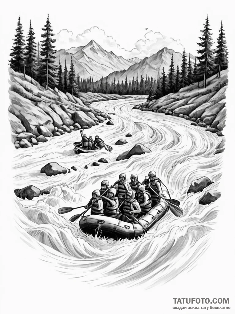 A person white water rafting down a turbulent... - эскиз тату (№1751016795_1, 27.06.2025 09:33) — Tatufoto.com