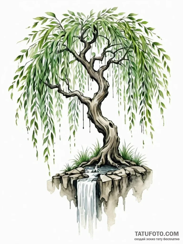 Tattoo design a weeping willow, its hanging b... - эскиз тату (№1751020975_0, 27.06.2025 10:42) — Tatufoto.com