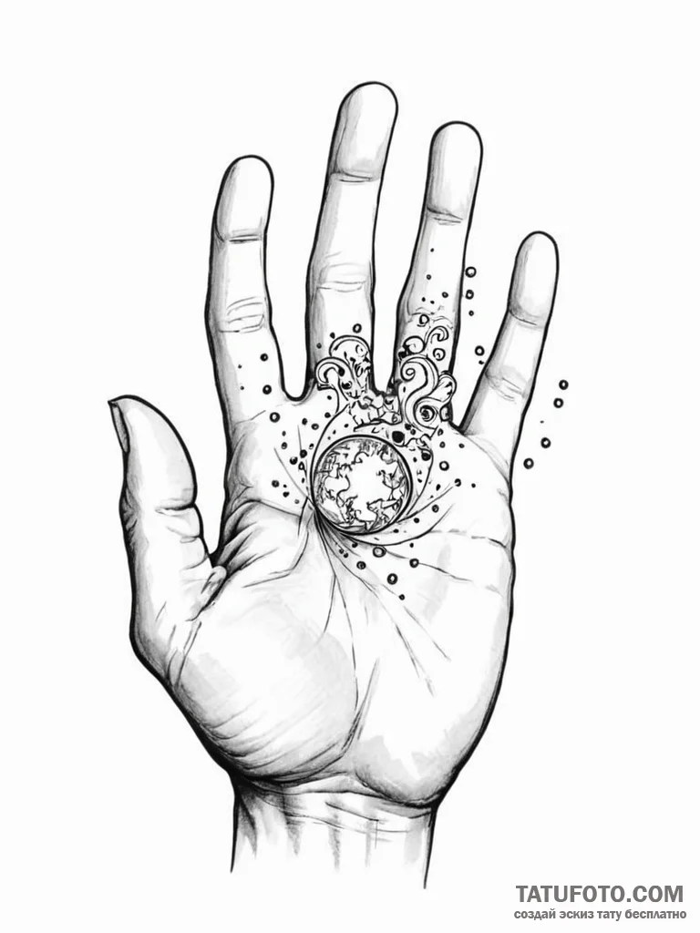 Tattoo design a human hand, with a tiny, swir... - эскиз тату (№1751021283_0, 27.06.2025 10:48) — Tatufoto.com