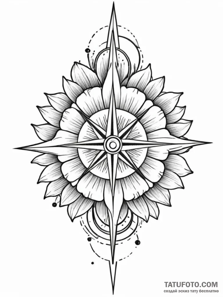 Tattoo design a flower that is also a compass... - эскиз тату (№1751021353_0, 27.06.2025 10:49) — Tatufoto.com