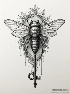 Tattoo design a cicada perched on an old, dis... - эскиз тату (№1751024761_0, 27.06.2025 11:46) — Tatufoto.com