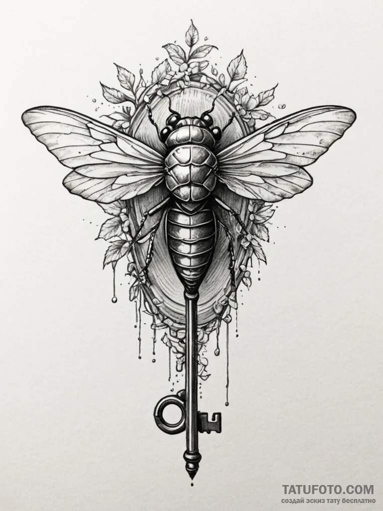 Tattoo design a cicada perched on an old, dis... - эскиз тату (№1751024761_0, 27.06.2025 11:46) — Tatufoto.com