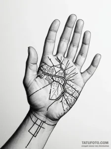 Tattoo sketch a person's hand, with a road ma... - эскиз тату (№1751034880_0, 27.06.2025 14:34) — Tatufoto.com