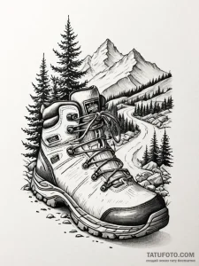 Tattoo sketch a worn-out hiking boot, its lac... - эскиз тату (№1751036043_0, 27.06.2025 14:54) — Tatufoto.com