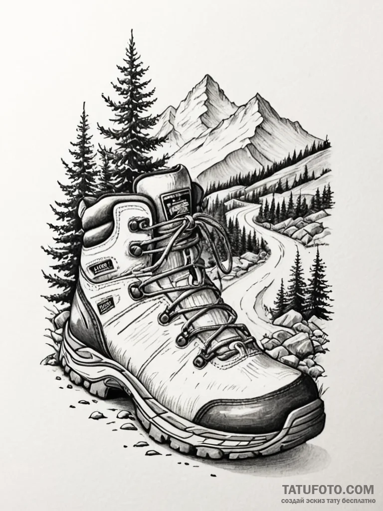 Tattoo sketch a worn-out hiking boot, its lac... - эскиз тату (№1751036043_0, 27.06.2025 14:54) — Tatufoto.com