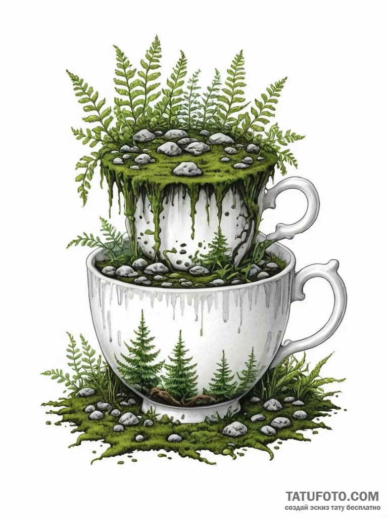 Tattoo design a surreal teacup, overflowing n... - эскиз тату (№1751038893_0, 27.06.2025 15:41) — Tatufoto.com