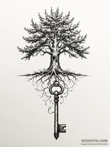 Tattoo sketch a tree whose shadow is a key, u... - эскиз тату (№1751039052_0, 27.06.2025 15:44) — Tatufoto.com