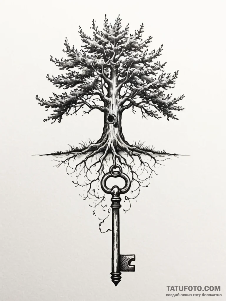 Tattoo sketch a tree whose shadow is a key, u... - эскиз тату (№1751039052_0, 27.06.2025 15:44) — Tatufoto.com