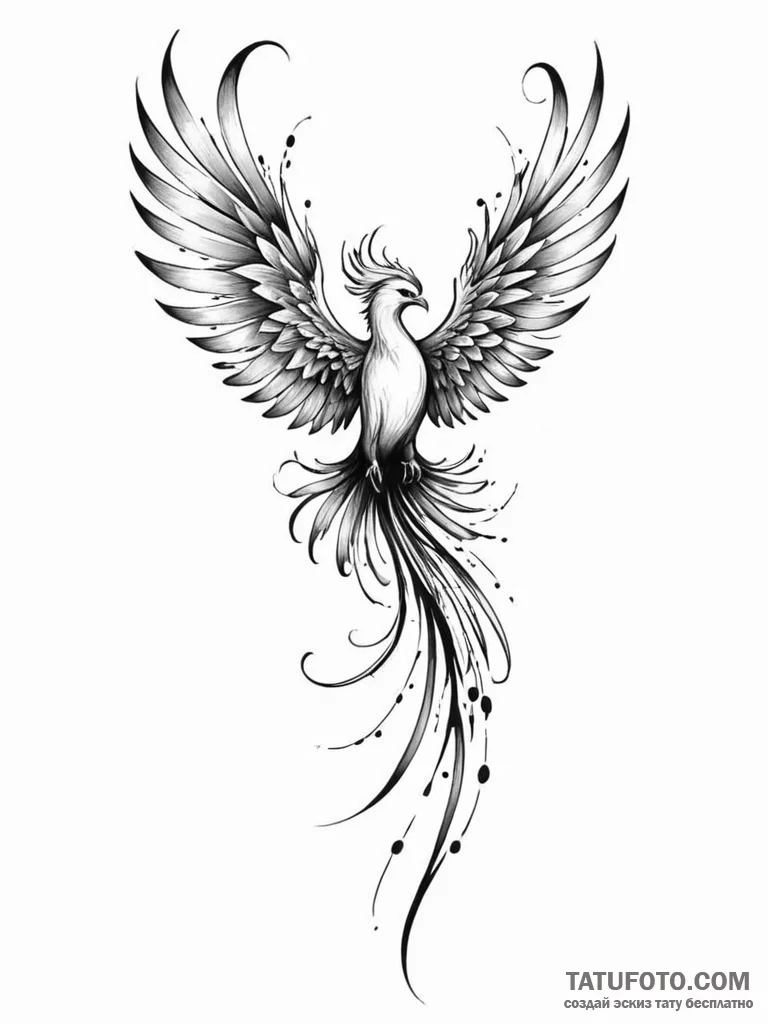 Tattoo sketch a phoenix mid-flight, with the... - эскиз тату (№1751041225_0, 27.06.2025 16:20) — Tatufoto.com