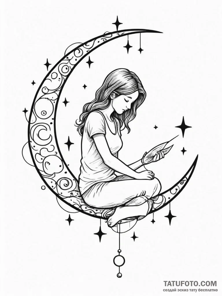 Tattoo design a person sitting on a crescent... - эскиз тату (№1751042790_0, 27.06.2025 16:46) — Tatufoto.com