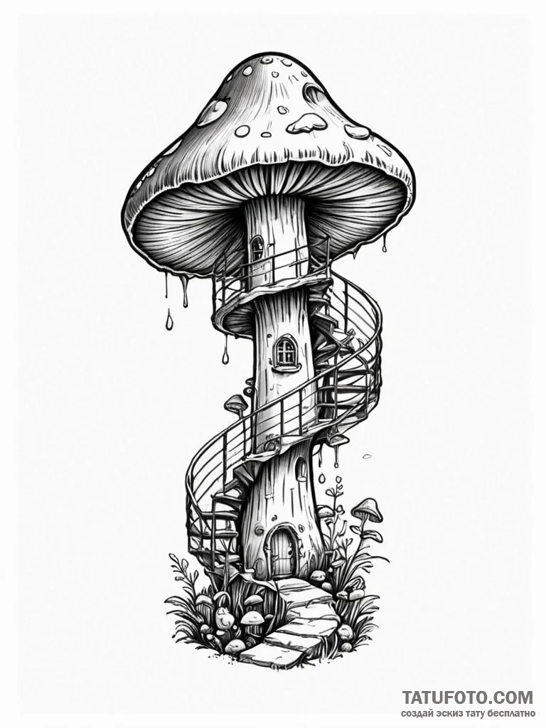 Tattoo design a mushroom with a spiral stairc... - эскиз тату (№1751045211_0, 27.06.2025 17:26) — Tatufoto.com