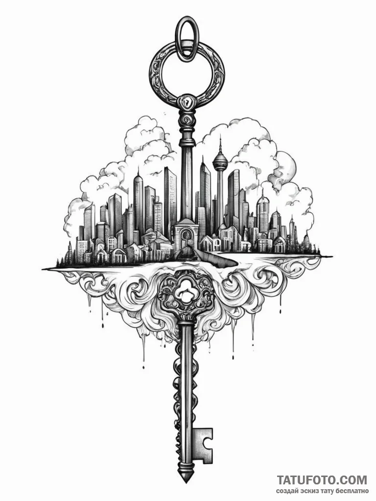 Tattoo design a stylized key, its teeth formi... - эскиз тату (№1751048236_0, 27.06.2025 18:17) — Tatufoto.com