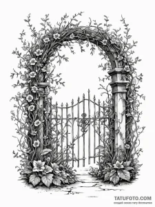 Tattoo sketch a single, open gate in a garden... - эскиз тату (№1751048396_0, 27.06.2025 18:19) — Tatufoto.com