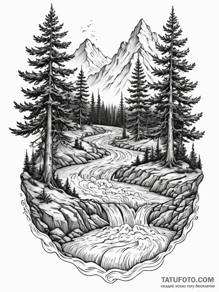 Tattoo sketch a surreal landscape where the t... - эскиз тату (№1751049961_0, 27.06.2025 18:46) — Tatufoto.com