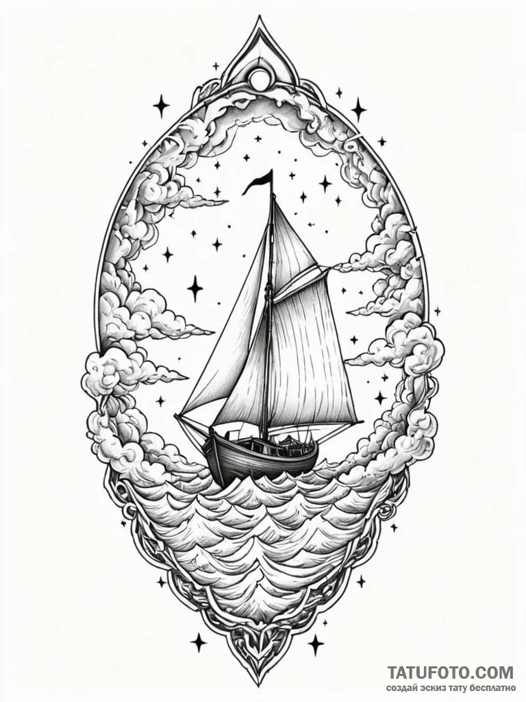 Tattoo design a small boat sailing on a sea o... - эскиз тату (№1751051029_0, 27.06.2025 19:03) — Tatufoto.com