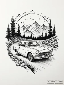 Tattoo design a classic car driving on a road... - эскиз тату (№1751051610_0, 27.06.2025 19:13) — Tatufoto.com