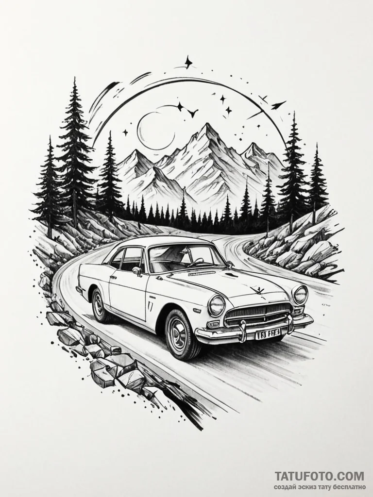 Tattoo design a classic car driving on a road... - эскиз тату (№1751051610_0, 27.06.2025 19:13) — Tatufoto.com