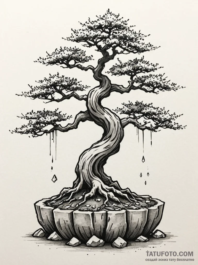Tattoo design a bonsai tree, its roots intric... - эскиз тату (№1751052437_0, 27.06.2025 19:27) — Tatufoto.com