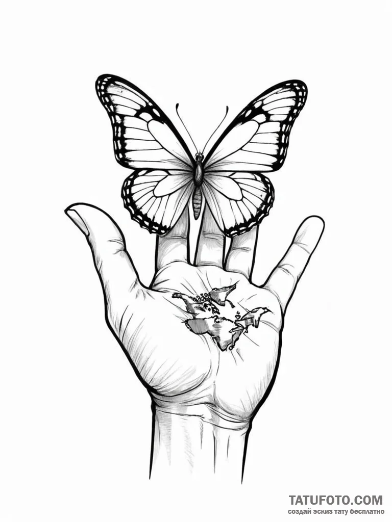 Tattoo design a butterfly landing on a human... - эскиз тату (№1751057087_0, 27.06.2025 20:44) — Tatufoto.com