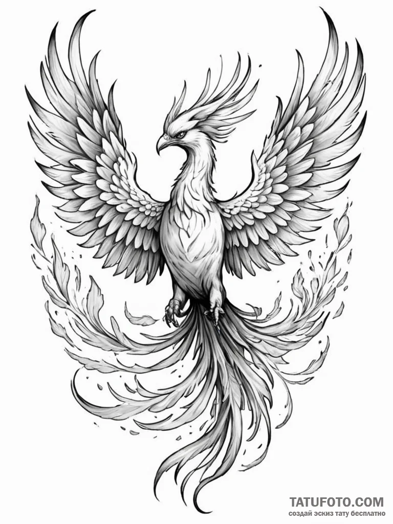 Tattoo sketch a powerful phoenix, its wings s... - эскиз тату (№1751060273_0, 27.06.2025 21:37) — Tatufoto.com