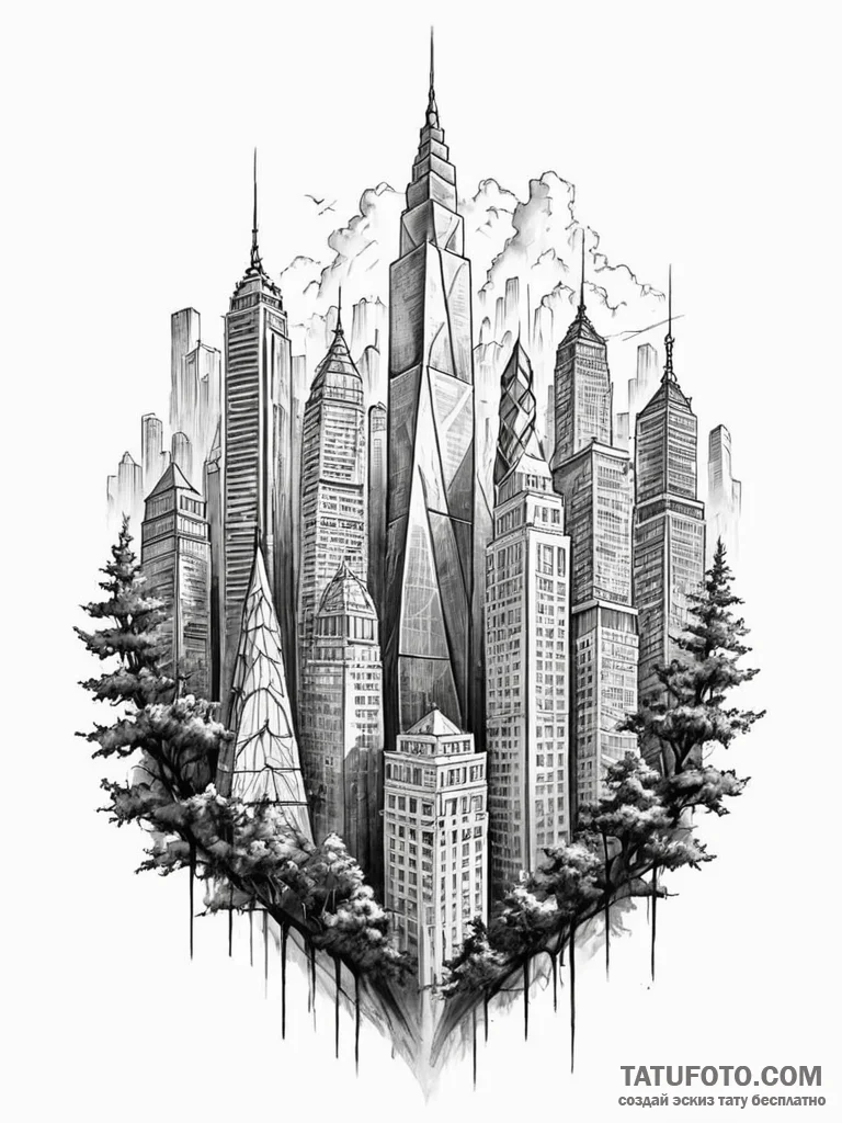 Tattoo design a cityscape where the skyscrape... - эскиз тату (№1751061078_0, 27.06.2025 21:51) — Tatufoto.com