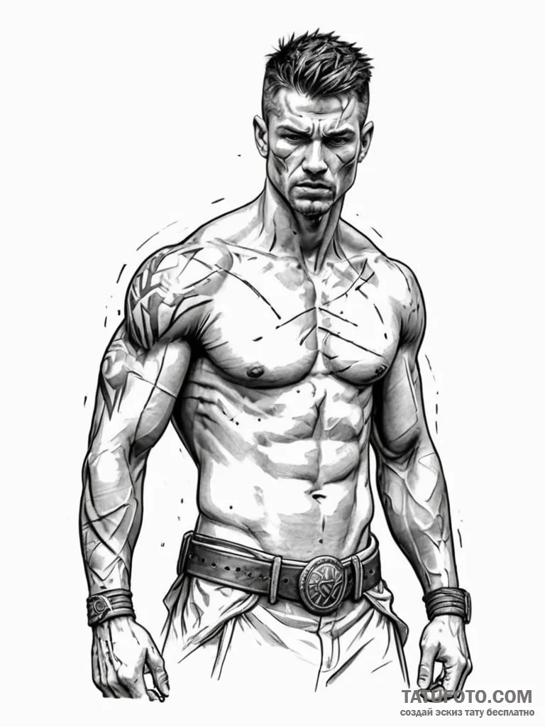 Tattoo sketch a warrior's bare chest with bat... - эскиз тату (№1751062445_0, 27.06.2025 22:14) — Tatufoto.com