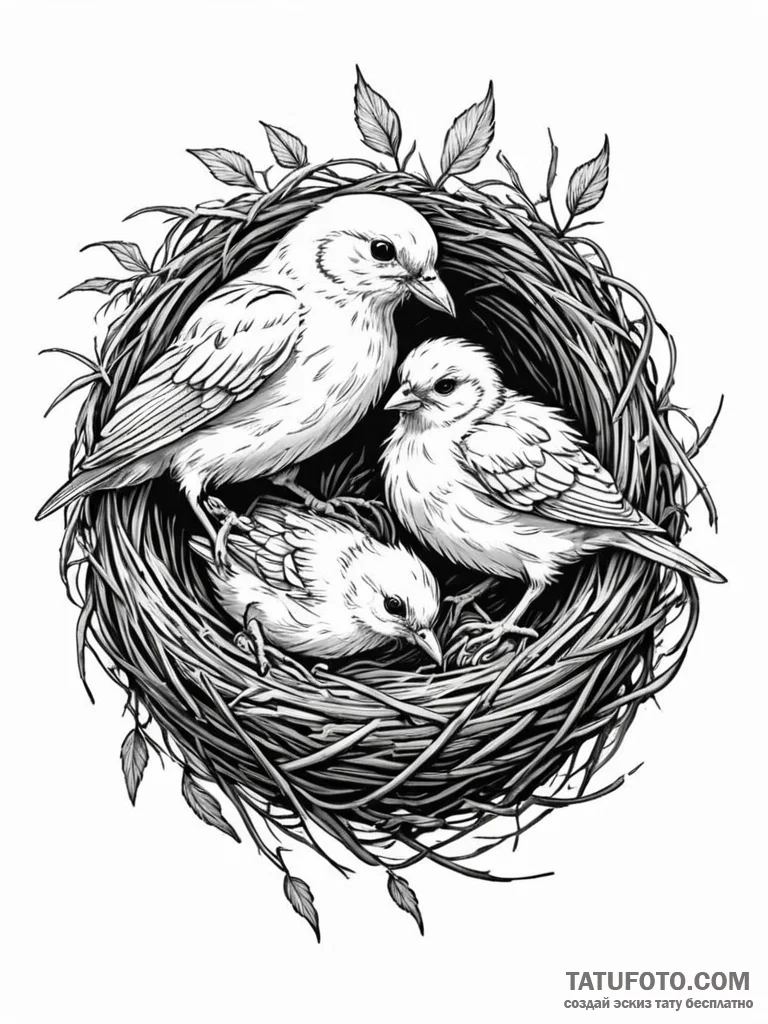 Tattoo sketch a mother bird feeding chicks in... - эскиз тату (№1751063057_0, 27.06.2025 22:24) — Tatufoto.com
