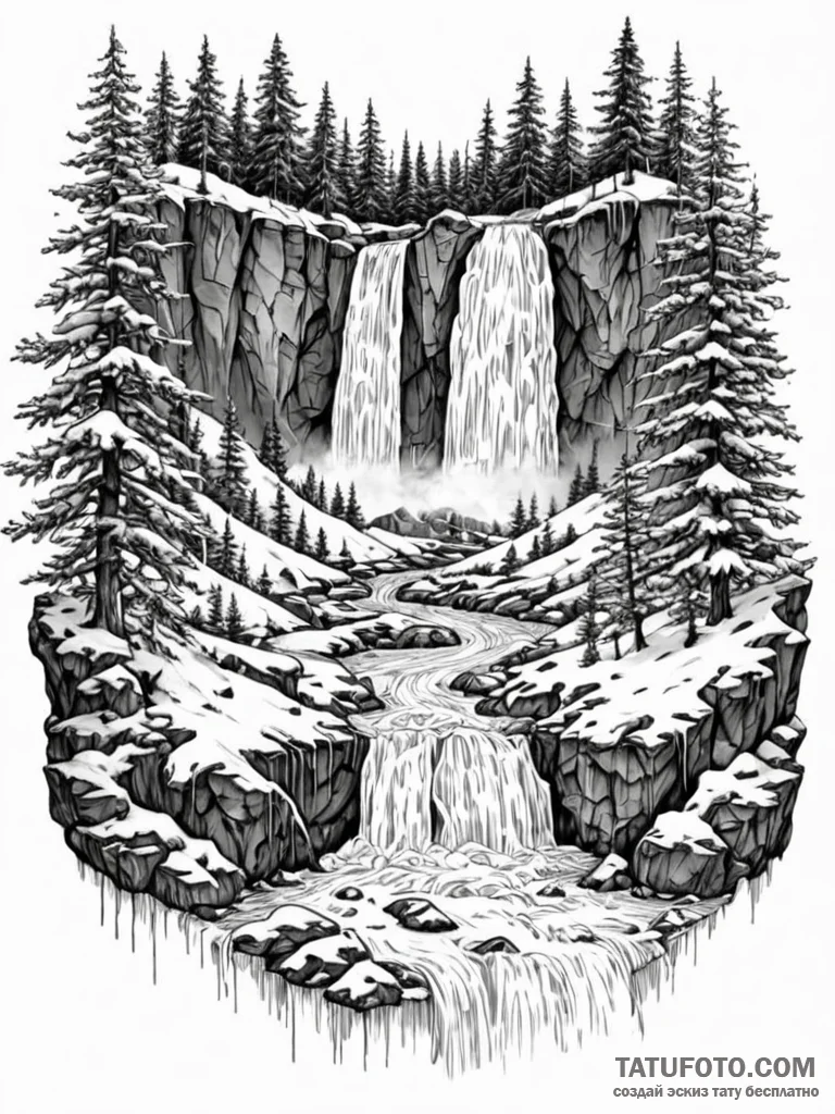 A frozen waterfall, captured in intricate det... - эскиз тату (№1751063336_0, 27.06.2025 22:28) — Tatufoto.com