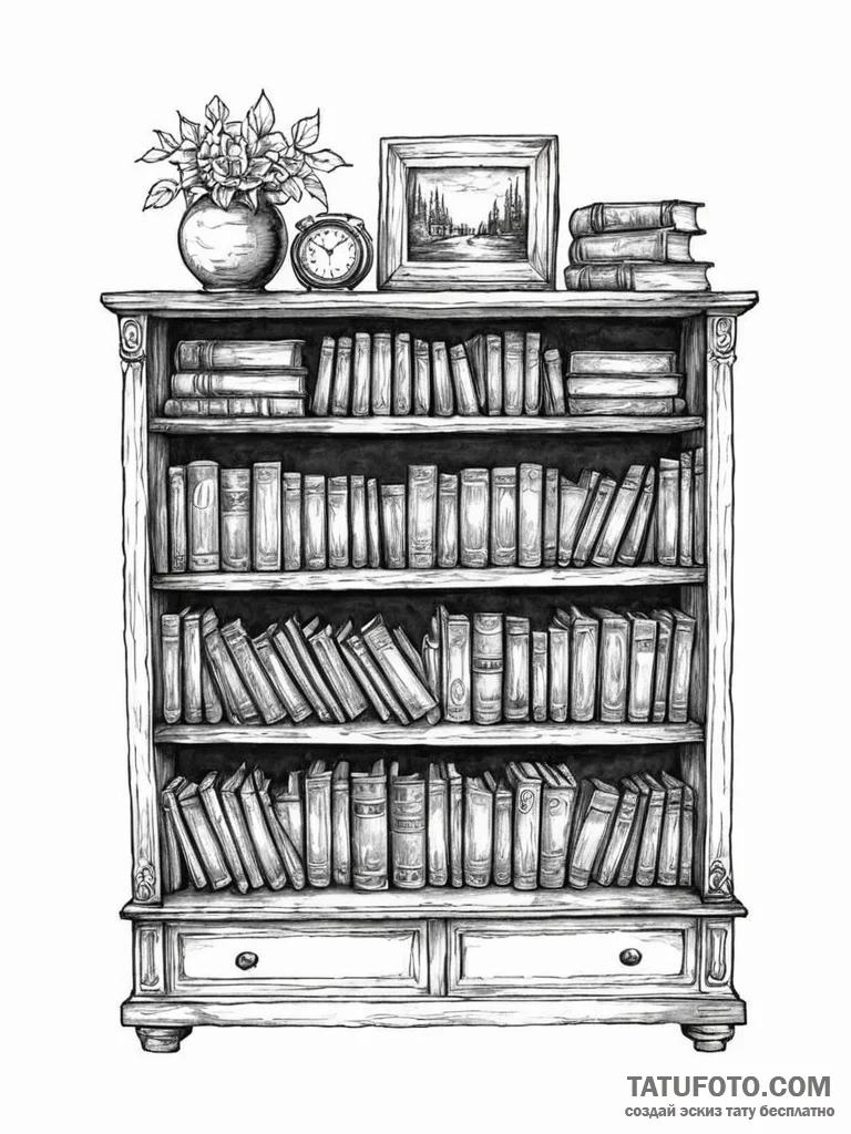Tattoo sketch a bookshelf filled with cherish... - эскиз тату (№1751065110_0, 27.06.2025 22:58) — Tatufoto.com