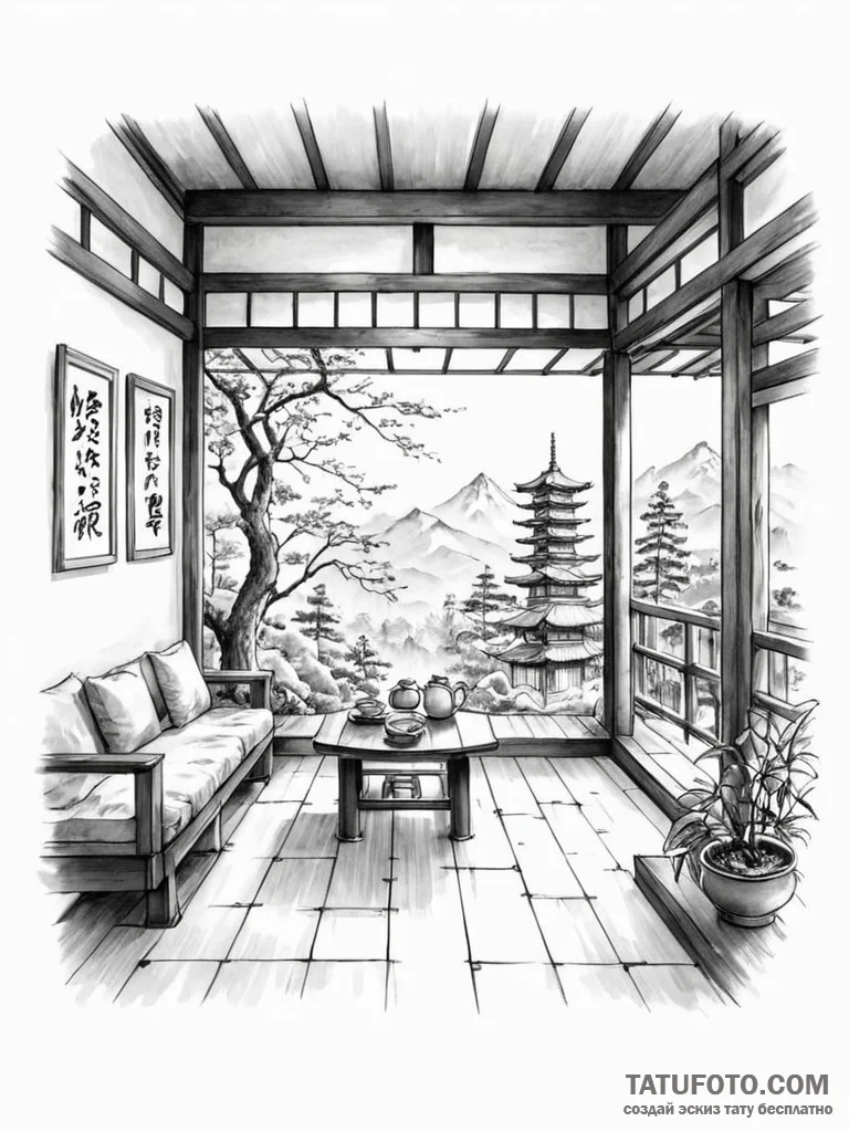 The interior of a traditional japanese tea ho... - эскиз тату (№1751065206_0, 27.06.2025 23:00) — Tatufoto.com