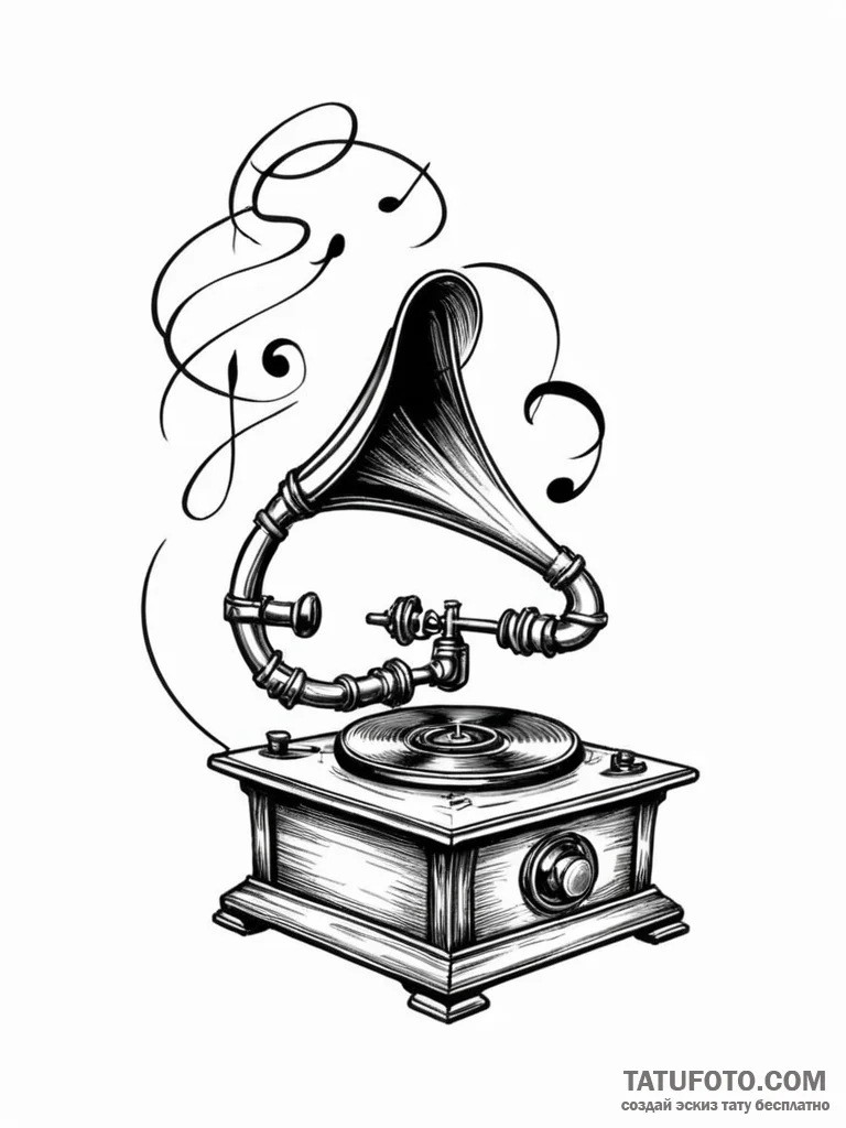 Tattoo design a small, classic phonograph wit... - эскиз тату (№1751065471_0, 27.06.2025 23:04) — Tatufoto.com