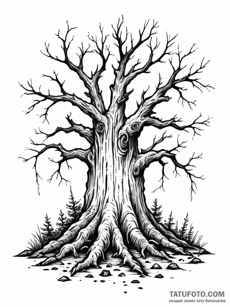 Tattoo sketch a strong, gnarled tree stump, s... - эскиз тату (№1751065653_0, 27.06.2025 23:07) — Tatufoto.com