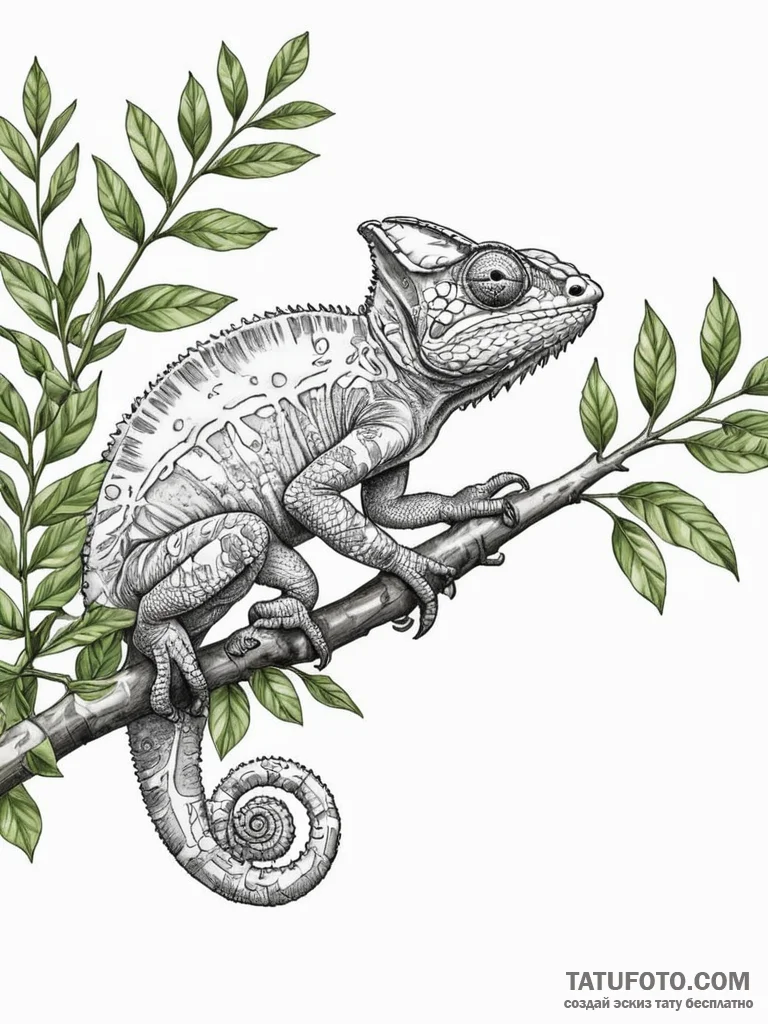 A chameleon perfectly camouflaged on a leafy... - эскиз тату (№1751066052_0, 27.06.2025 23:14) — Tatufoto.com
