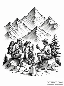 A group of hikers taking a break at a mountai... - эскиз тату (№1751066640_0, 27.06.2025 23:24) — Tatufoto.com