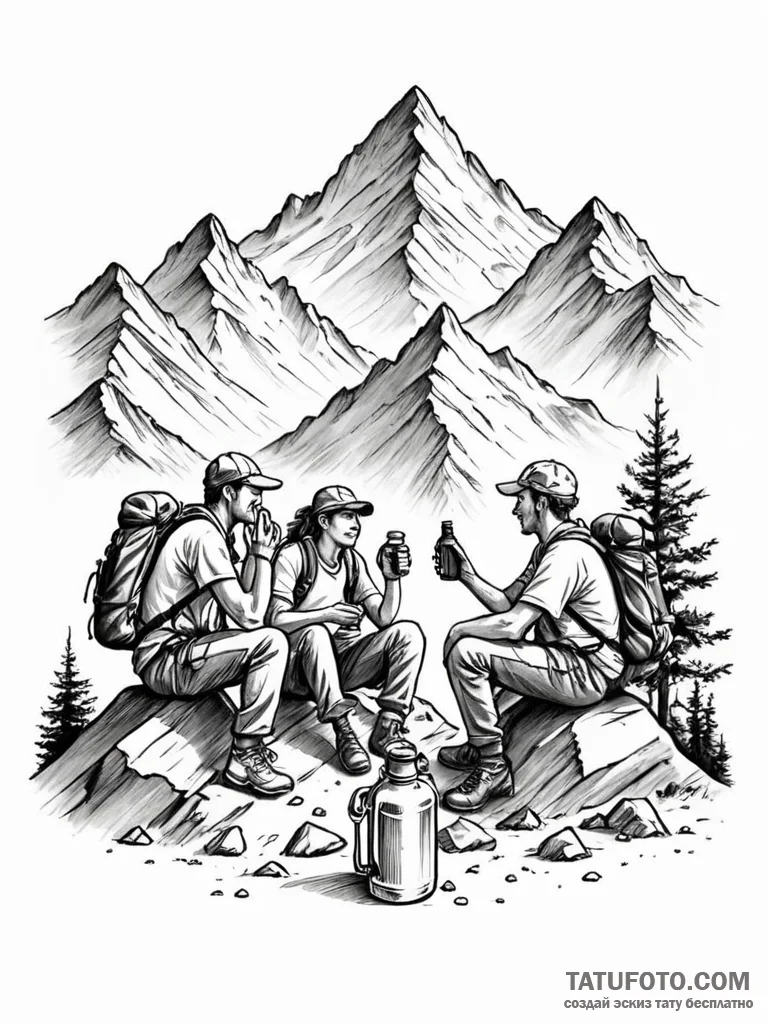 A group of hikers taking a break at a mountai... - эскиз тату (№1751066640_0, 27.06.2025 23:24) — Tatufoto.com