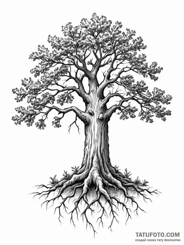 Tattoo design a pair of oak trees, their root... - эскиз тату (№1751068061_0, 27.06.2025 23:47) — Tatufoto.com