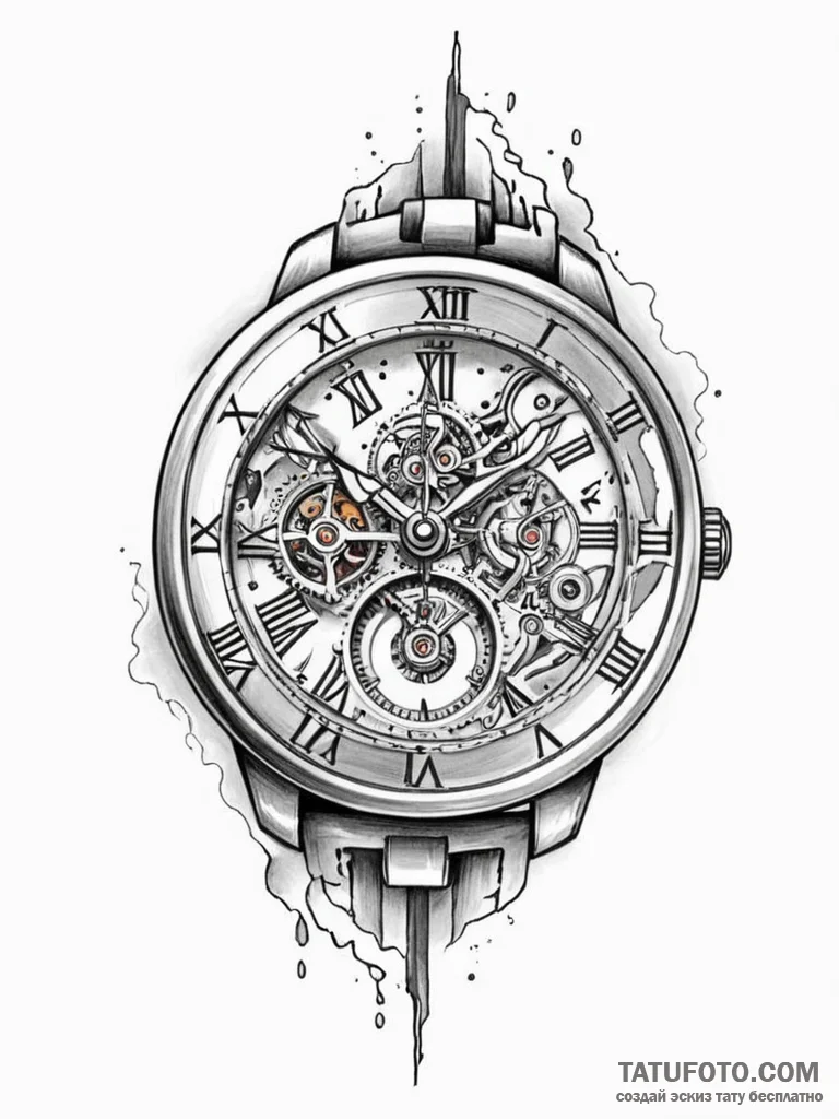 Tattoo sketch a broken watch, symbolizing liv... - эскиз тату (№1751068321_0, 27.06.2025 23:52) — Tatufoto.com