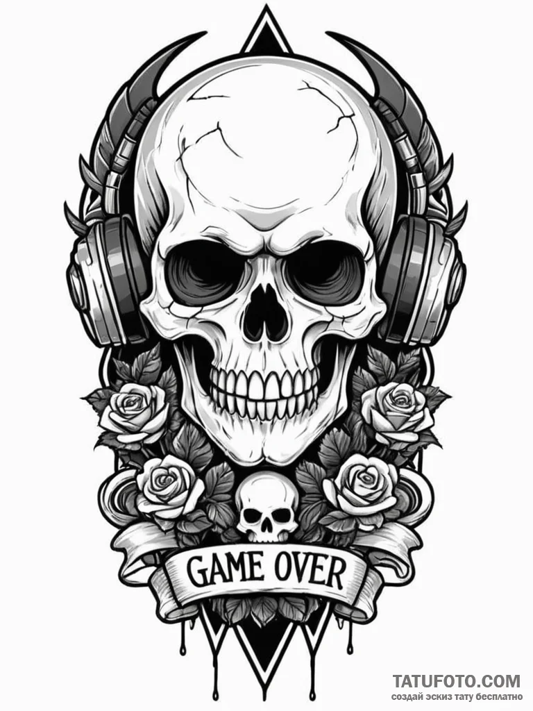 Tattoo design a stylized "game over" screen w... - эскиз тату (№1751069162_0, 28.06.2025 00:06) — Tatufoto.com