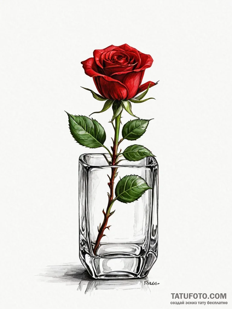 A single, perfect red rose in a crystal vase... - эскиз тату (№1751069716_0, 28.06.2025 00:15) — Tatufoto.com