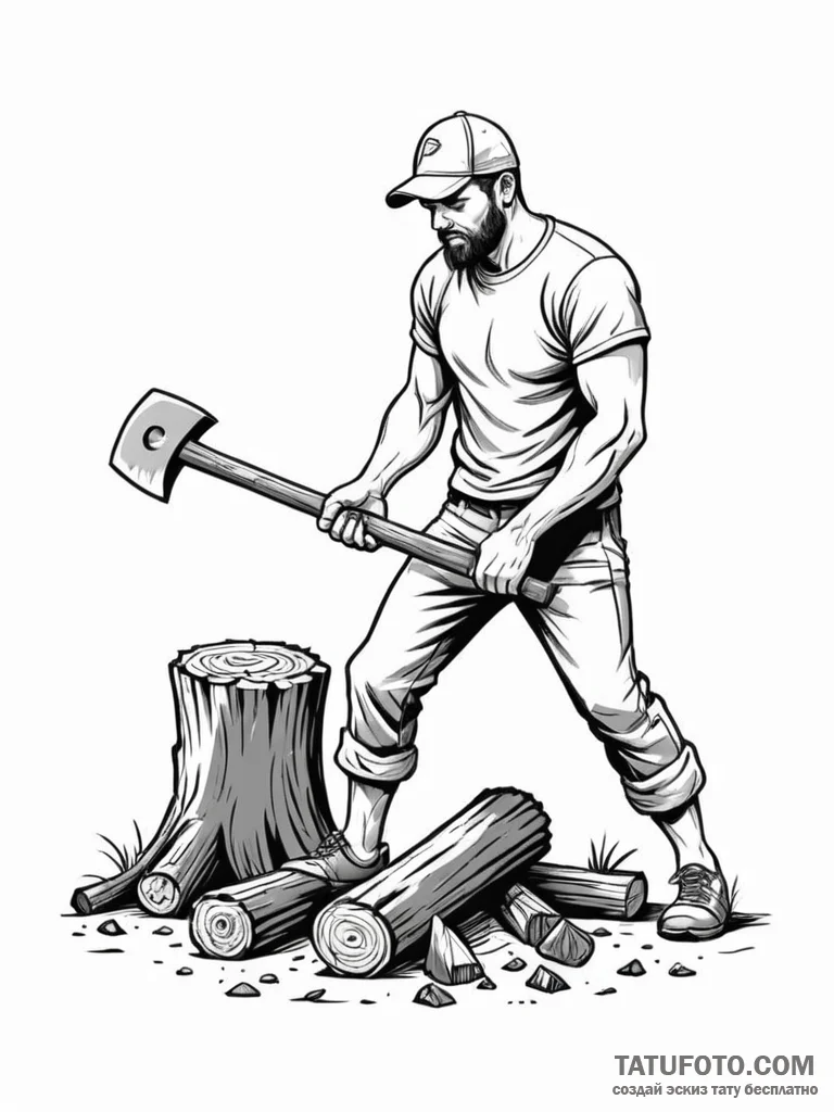 A person splitting logs with an axe. - эскиз тату (№1751070652_0, 28.06.2025 00:30) — Tatufoto.com