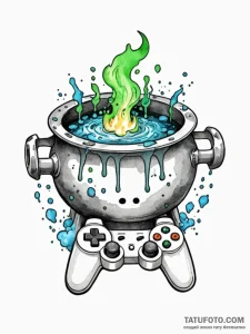 Tattoo sketch a bubbling cauldron with game c... - эскиз тату (№1751070816_0, 28.06.2025 00:33) — Tatufoto.com