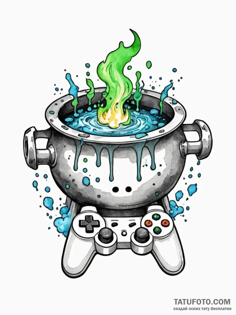Tattoo sketch a bubbling cauldron with game c... - эскиз тату (№1751070816_0, 28.06.2025 00:33) — Tatufoto.com