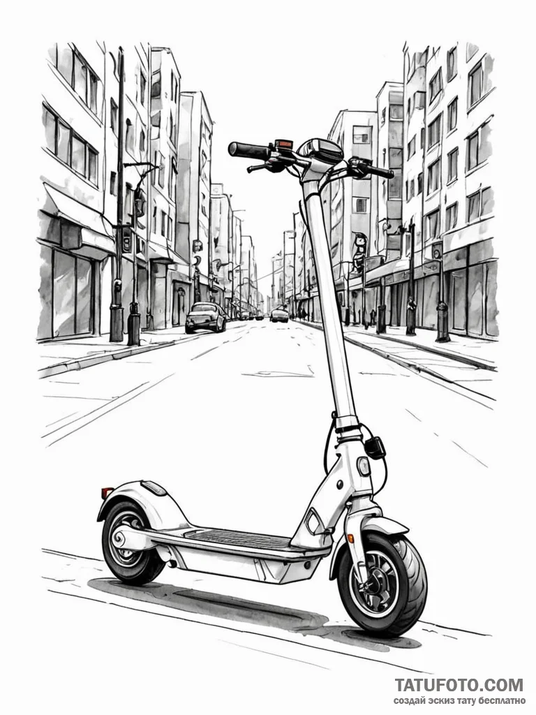 A modern, electric scooter parked on a city s... - эскиз тату (№1751070890_0, 28.06.2025 00:34) — Tatufoto.com