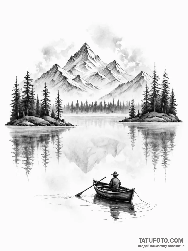 A shot of a lone fisherman in a small boat on... - эскиз тату (№1751071046_0, 28.06.2025 00:37) — Tatufoto.com