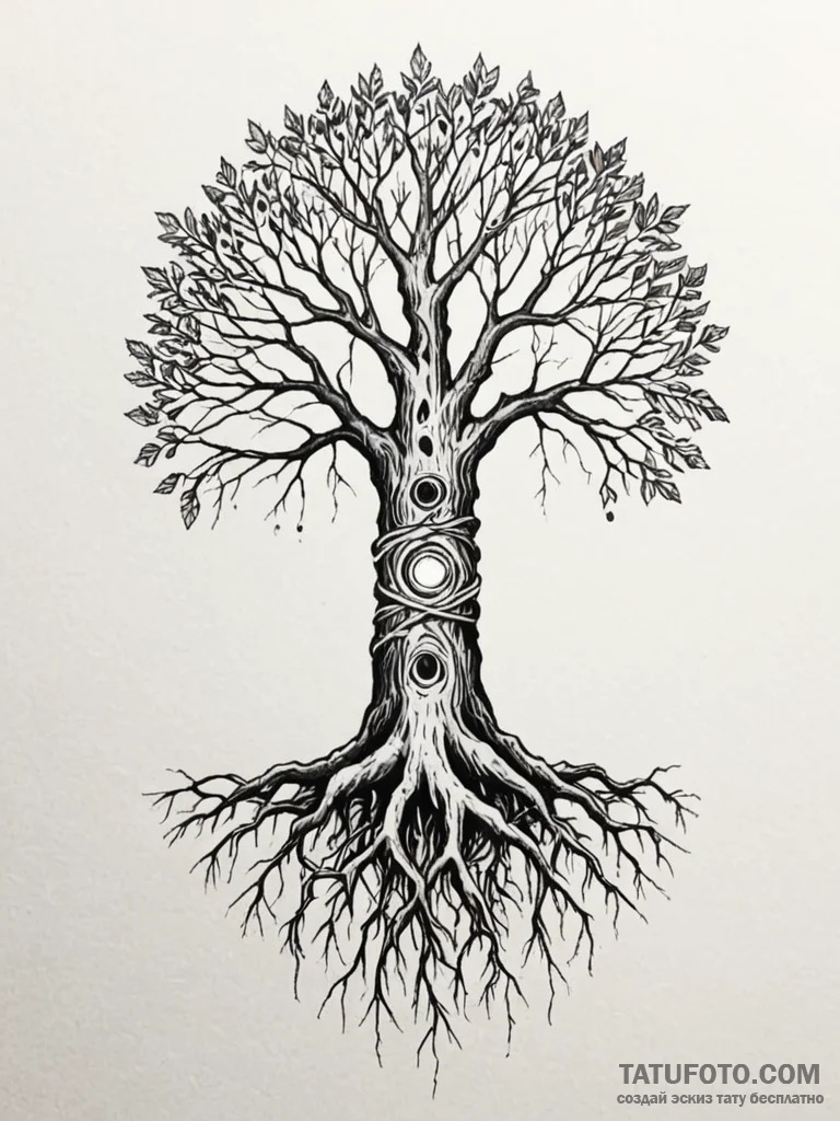 Tattoo sketch a tree with roots wrapping arou... - эскиз тату (№1751071145_0, 28.06.2025 00:39) — Tatufoto.com