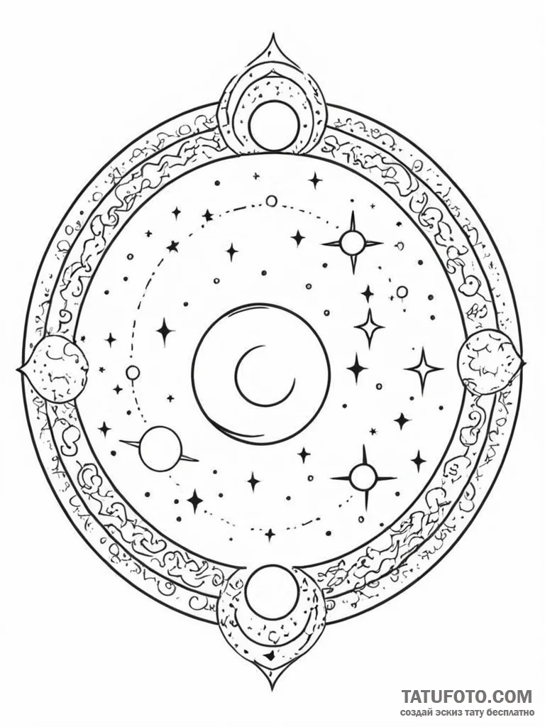 Tattoo design a circle enclosing a celestial... - эскиз тату (№1751072761_0, 28.06.2025 01:06) — Tatufoto.com