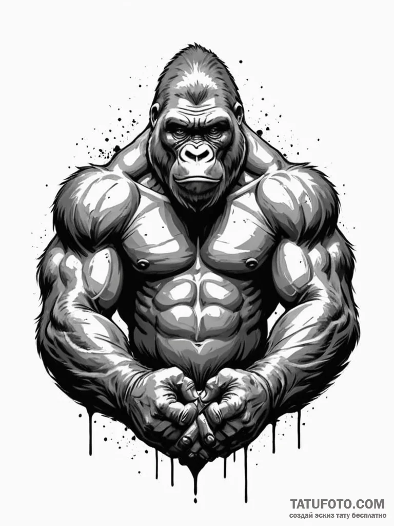Tattoo sketch a powerful gorilla, hands clenc... - эскиз тату (№1751073343_0, 28.06.2025 01:15) — Tatufoto.com
