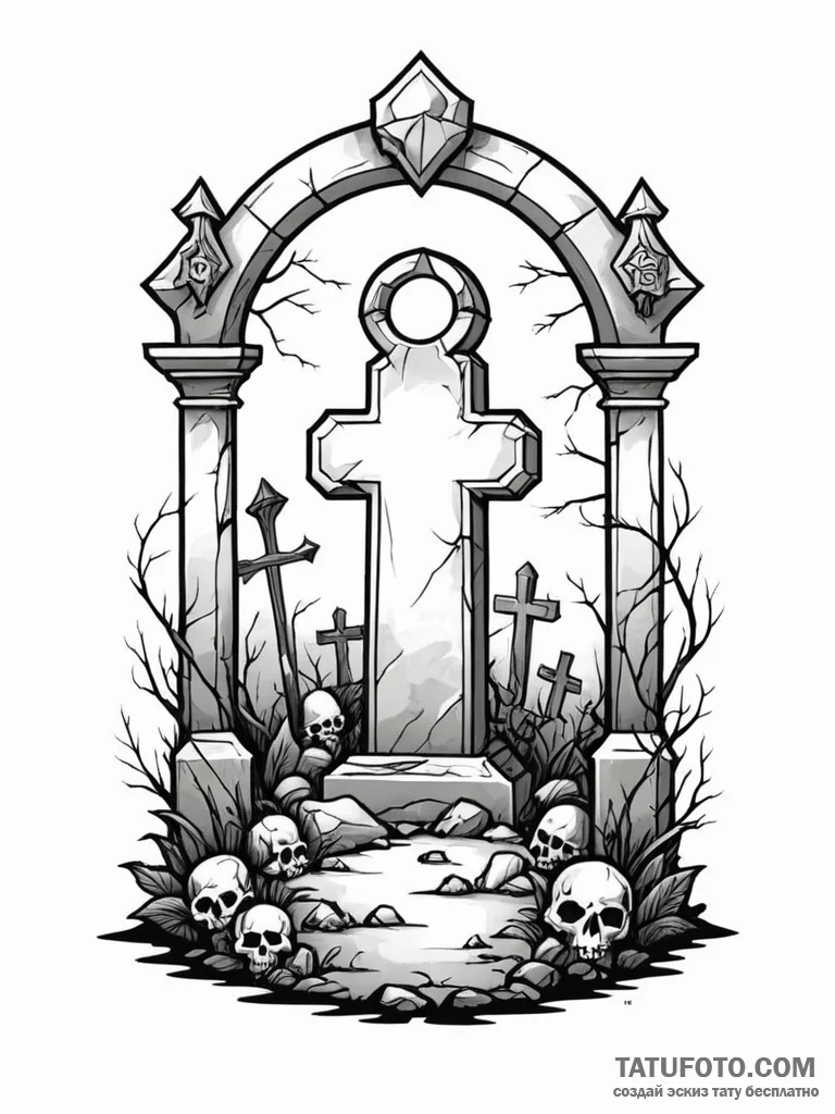 Tattoo sketch a stylized graveyard with a lon... - эскиз тату (№1751074342_0, 28.06.2025 01:32) — Tatufoto.com