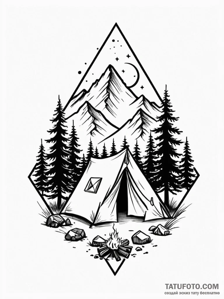 Tattoo design a small, minimalist camping sce... - эскиз тату (№1751075043_0, 28.06.2025 01:44) — Tatufoto.com